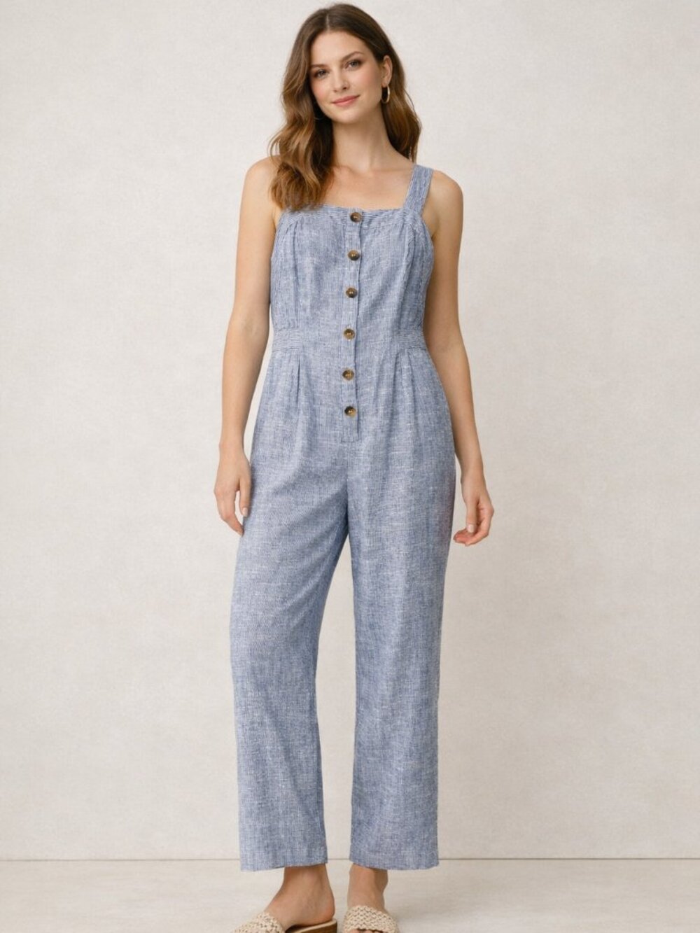 Blue White Striped Cotton Jumpsuit Japna Large Button‑Front Coastal Casual